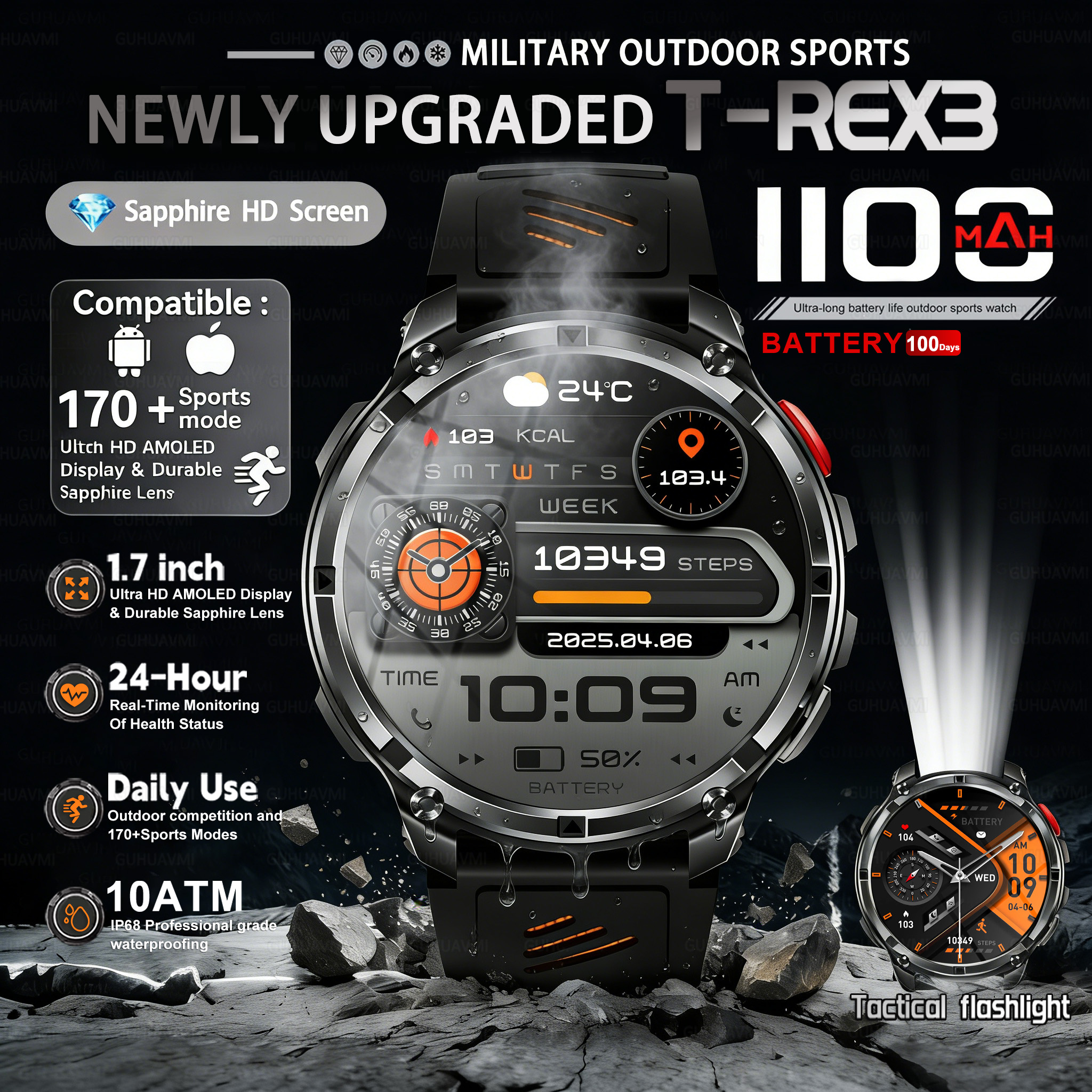 Outdoor Lighting Battery Operated - T-REX 3 Military Smartwatch Men 1100mAh