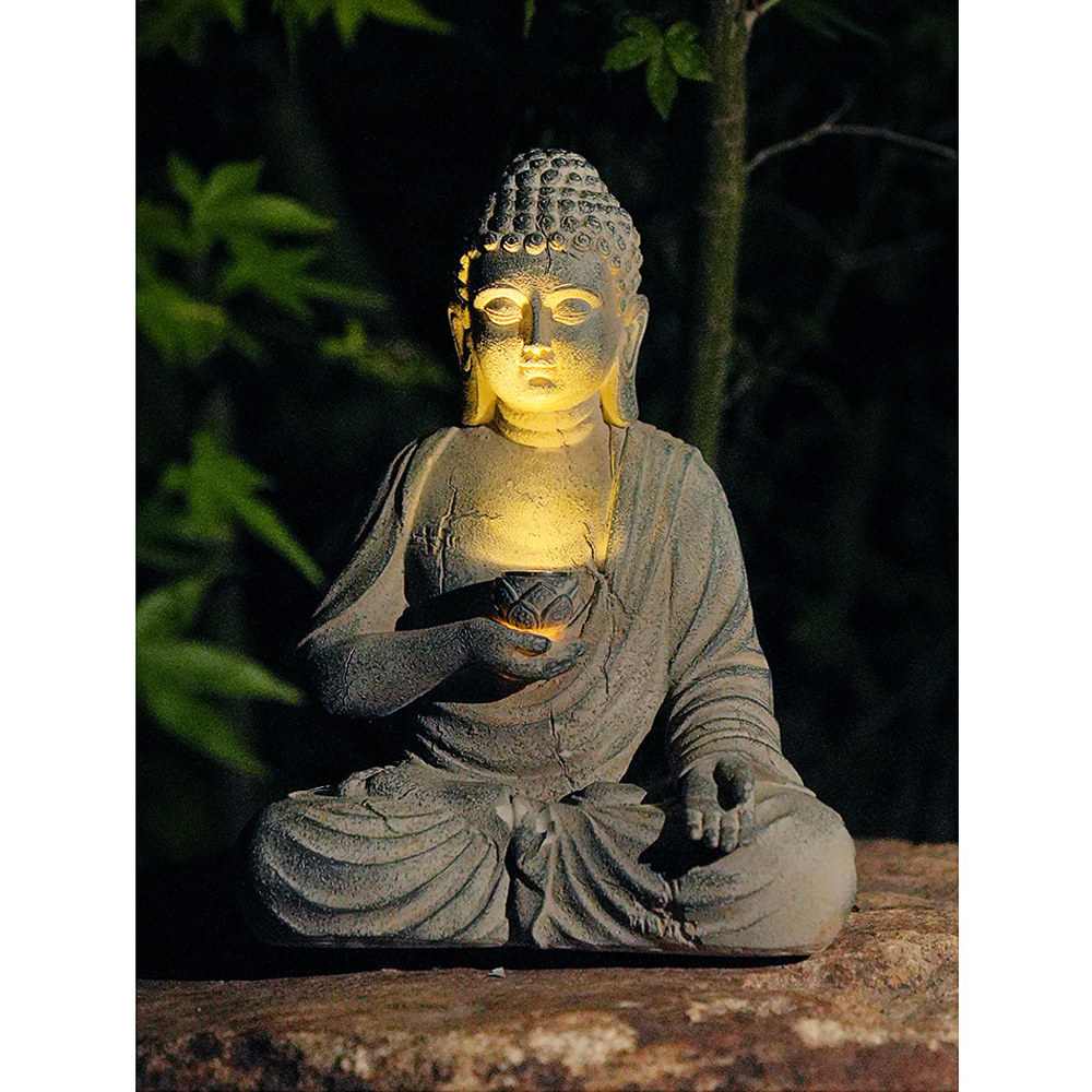 Outdoor Zen Lighting - Resin Solar Buddha Statue Sculpture Garden