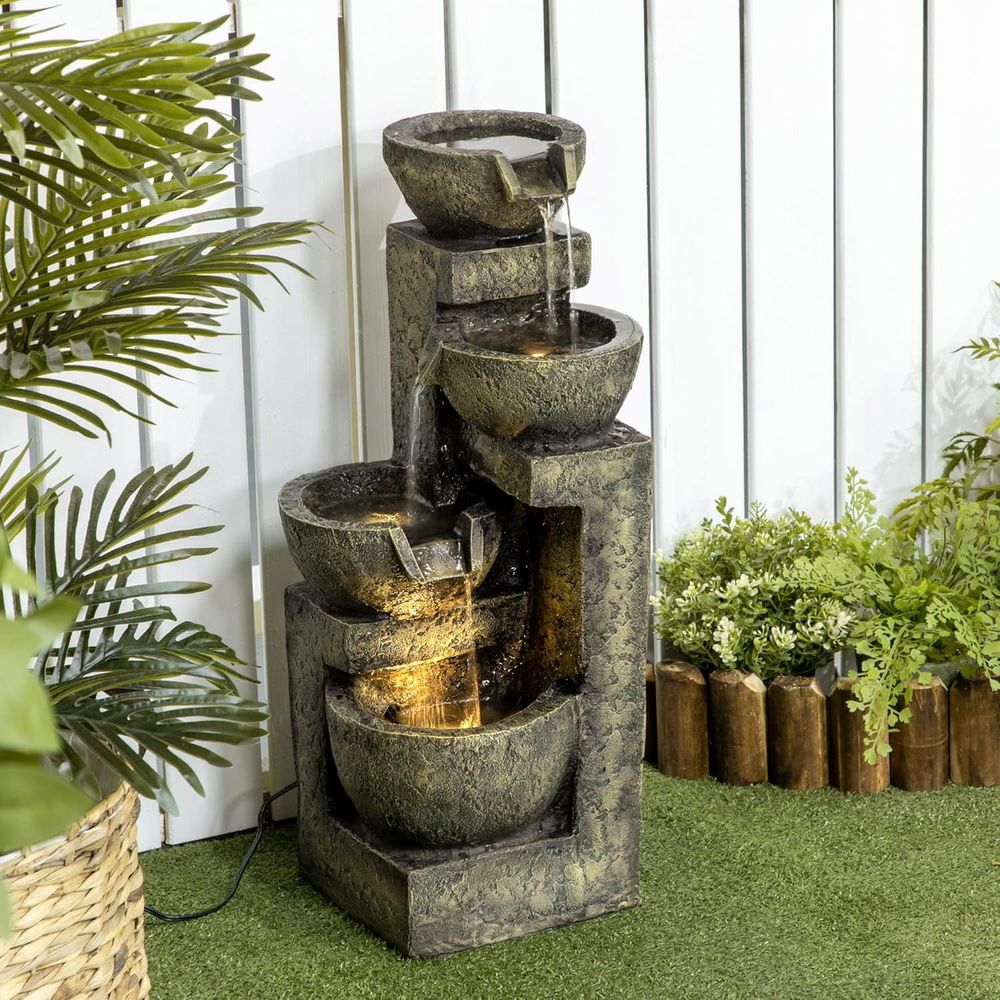 Outdoor Zen Lighting - 4-Tier Stone Bowl Waterfall with Cascading