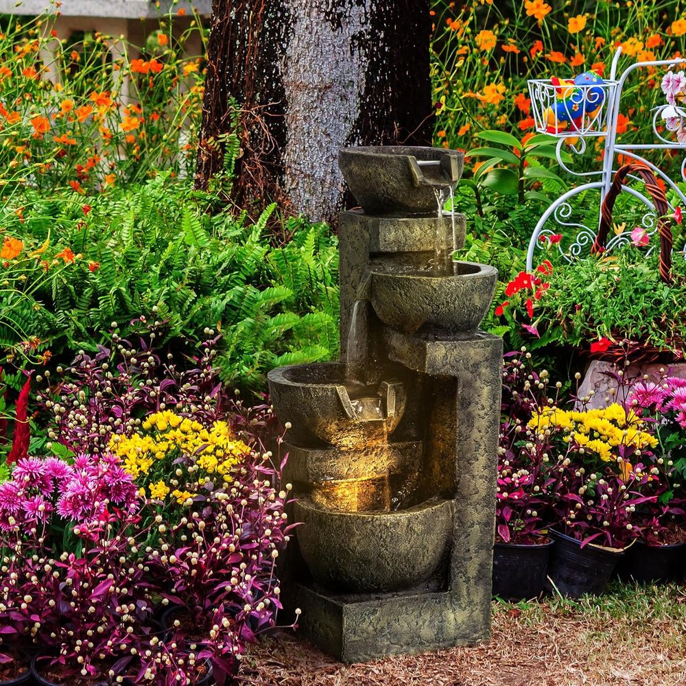 4-Tier Stone Bowl Waterfall wi - đánh giá và giá Outdoor Zen Lighting